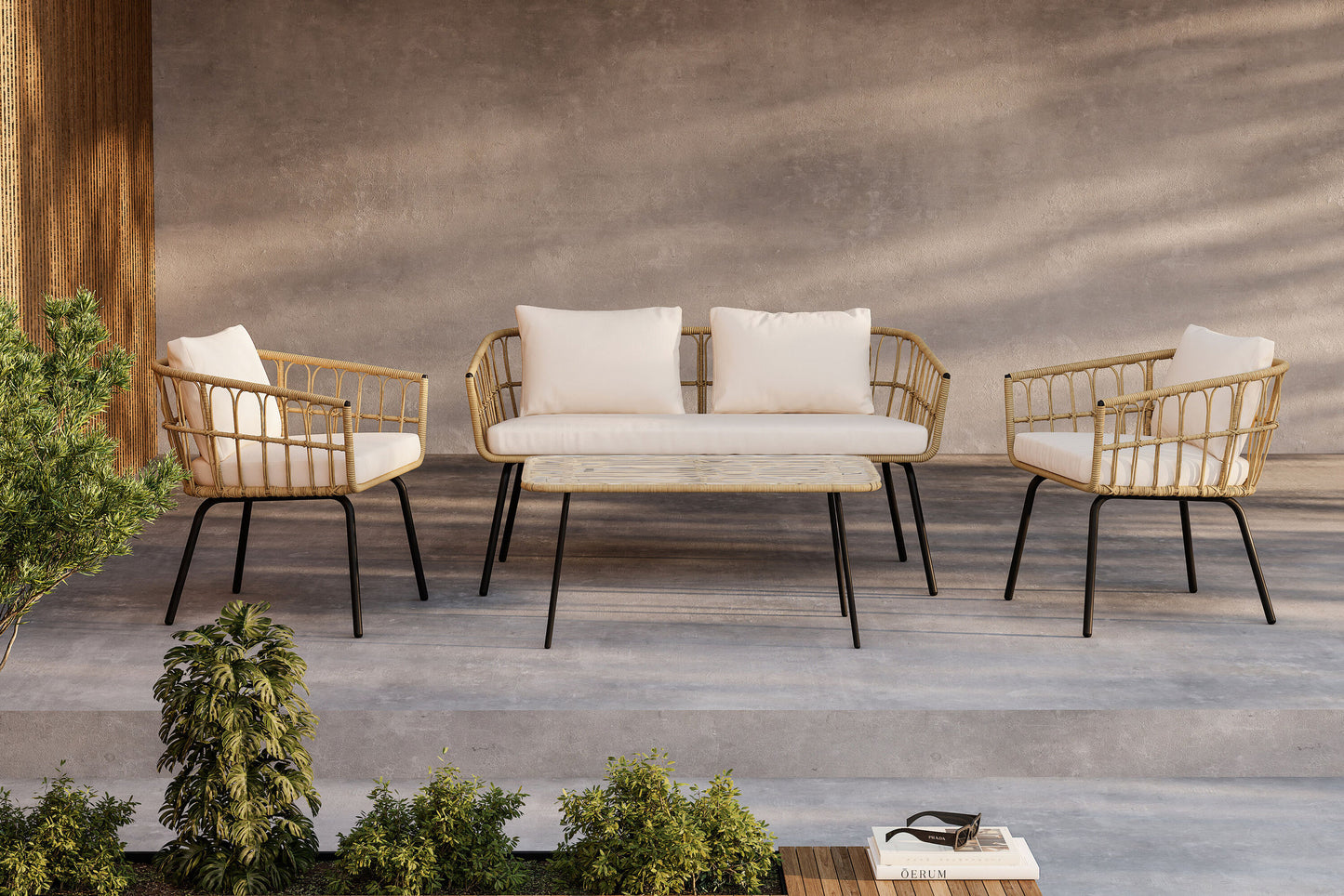 Ortigia loungesæt – Sort/Naturrattan