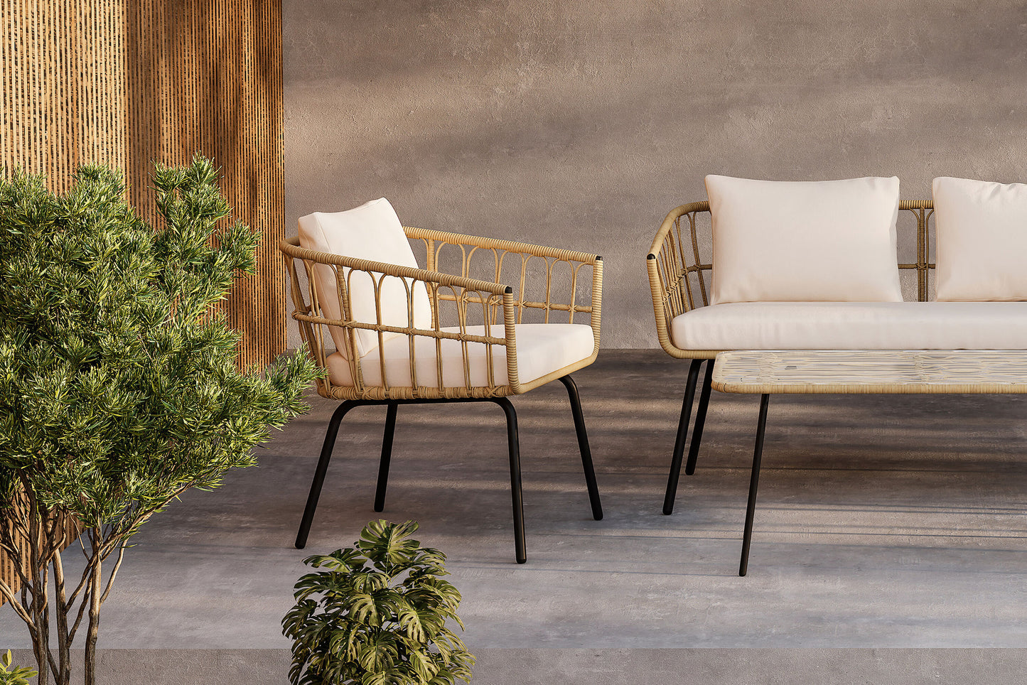 Ortigia loungesæt – Sort/Naturrattan